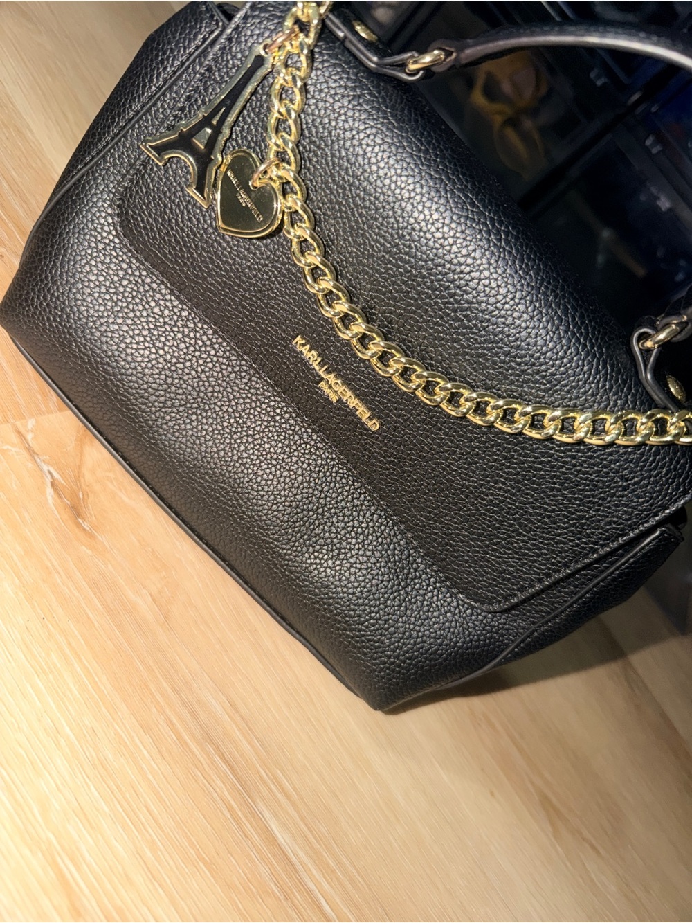 Karl Lagerfeld Black Pebble Leather Satchel with Gold Chain and Charms